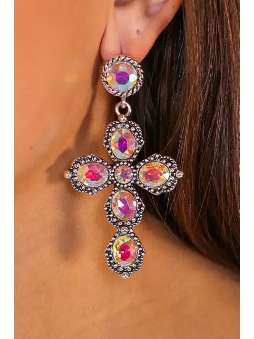 Silver Crystal Cross Earrings